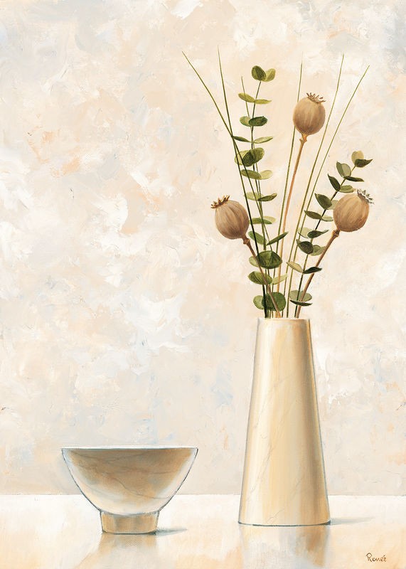 Renee, Vase and bowl I (Vase, Schale, schlicht, weiß, pastell, Zweige, Mohnkapseln,  Stillleben, modern, Treppenhaus, Esszimmer, Küche, Wunschgröße)