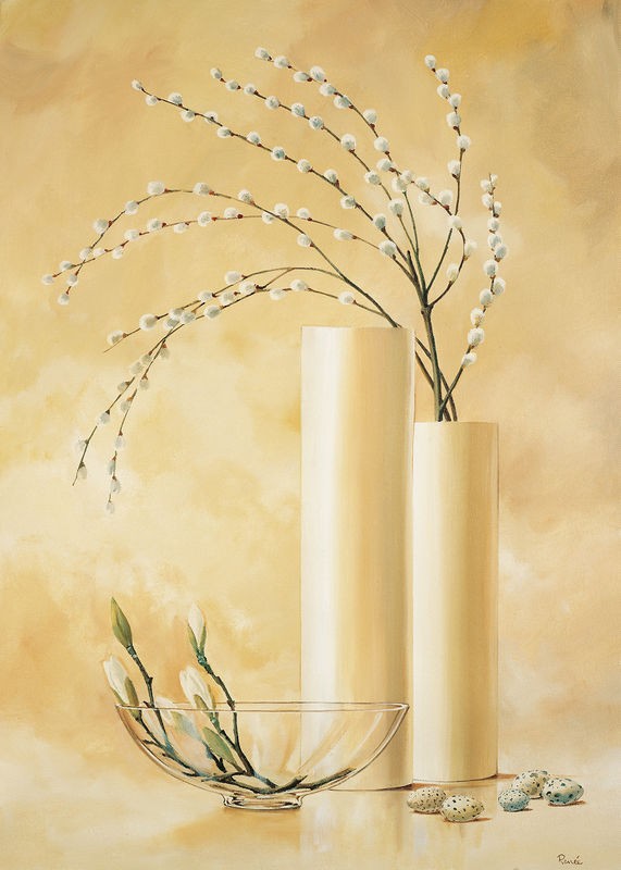 Renee, Vases with twigs I (Vasen, Glasschale, schlicht, cremefarben, pastell, Zweige, Weidenkätzchen, Stillleben, modern, Treppenhaus, Esszimmer, Küche, Wunschgröße)
