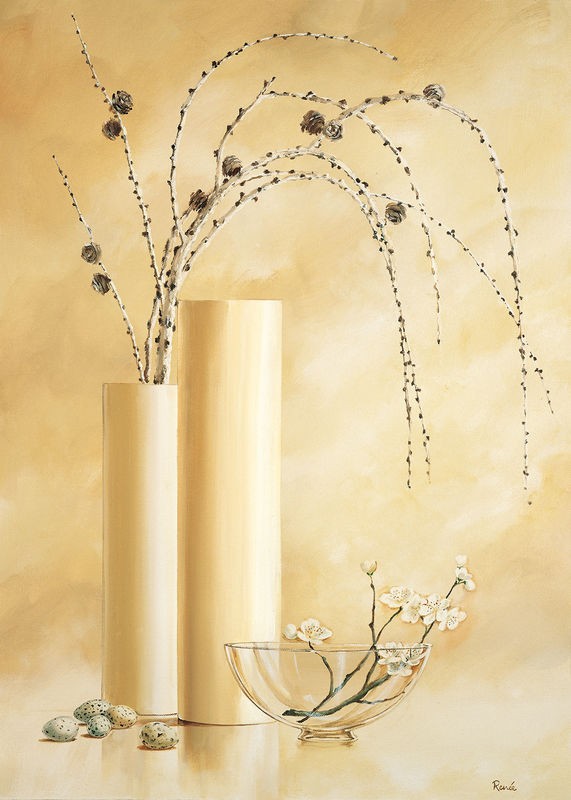 Renee, Vases with twigs II (Vasen, Glasschale, schlicht, cremefarben, pastell, Zweige, Vogeleier, Stillleben, modern, Treppenhaus, Esszimmer, Küche, Wunschgröße)