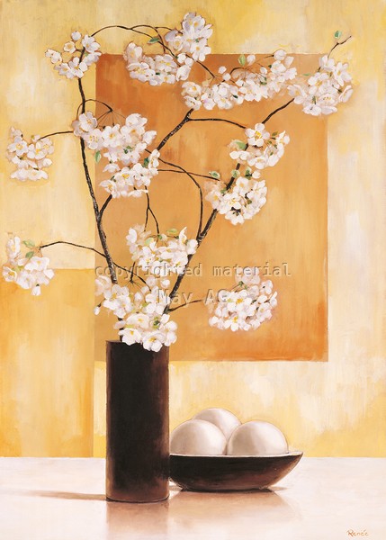 Renee, White blossom I (Vase, Schale, Eier, Blüten, Blütenzweig, Stillleben, modern, Treppenhaus, Esszimmer, Küche, Wunschgröße)