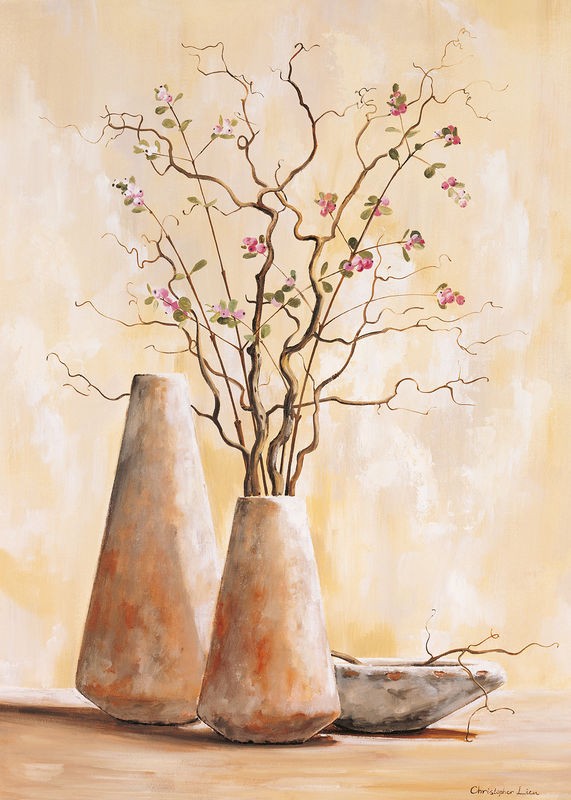 Christopher Lien, Red berries I (Stillleben, Vase, Zweige, Beeren, modern, Malerei, zeitgenössisch, Wunschgröße, Treppenhaus, Wohnzimmer, Esszimmer, beige)