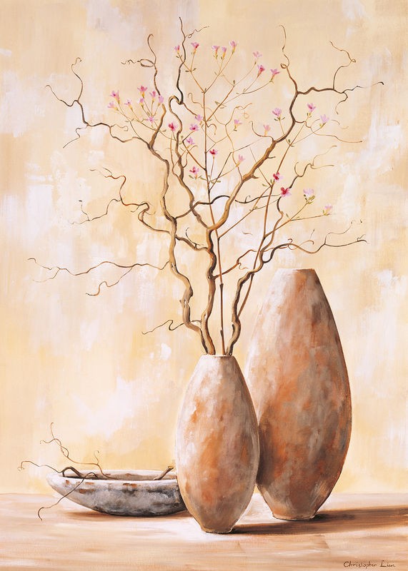 Christopher Lien, Red berries II (Stillleben, Vase, Zweige, Beeren, modern, Malerei, zeitgenössisch, Treppenhaus, Wohnzimmer, Esszimmer, Wunschgröße, beige)