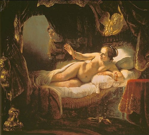 Rembrandt van Rijn, Danae. 1636/1647. (Rembrandt van Rijn,St. Petersburg,Eremitage,1606-1669,Weibliche Akte,Betten,Mythologie,Danae,Zeus,Rembrandt van Rijn 1606-1669)