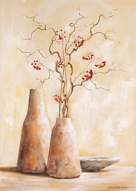Christopher Lien, Red berries III (Stillleben, Vase, Zweige, Beeren, modern, Malerei, zeitgenössisch, Treppenhaus, Wohnzimmer, Esszimmer, Wunschgröße, beige)