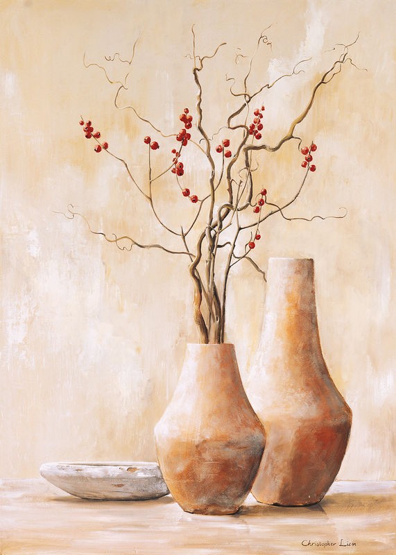 Christopher Lien, Red berries IV (Stillleben, Vase, Zweige, Beeren, modern, Malerei, zeitgenössisch, Treppenhaus, Wohnzimmer, Esszimmer,  Wunschgröße, beige)