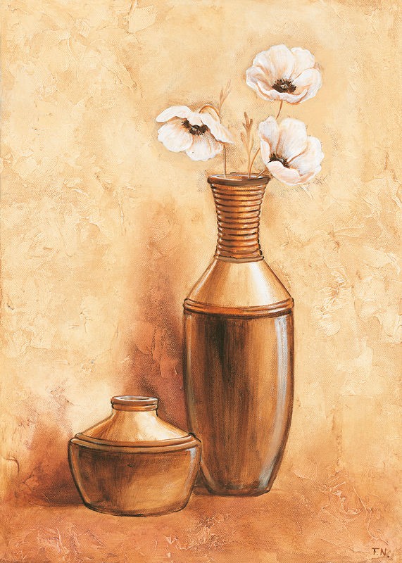 Frans Nauts, Daisy in vase II (Stillleben, Blumenvase, Mohnblume, Büte, zeitgenössich, Treppenhaus, Wohnzimmer, Esszimmer, Wunschgröße, Malerei, beige/gold)
