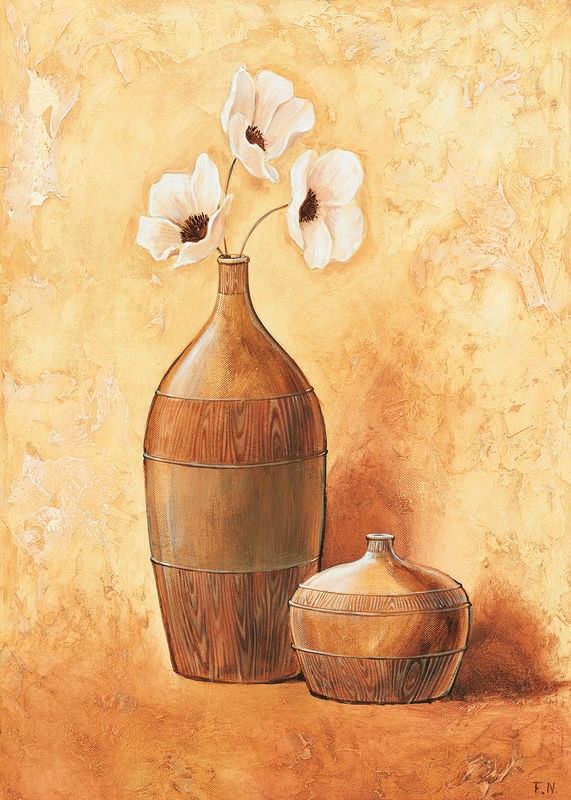 Frans Nauts, Morning Daisy II (Stillleben, Blumenvase, Mohnblume, Büte, zeitgenössich, Treppenhaus, Wohnzimmer, Esszimmer, Wunschgröße, Malerei, beige/gold)
