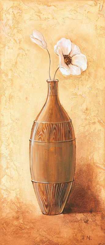 Frans Nauts, Morning Daisy III (Stillleben, Blumenvase, Mohnblume, Büte, zeitgenössich, Treppenhaus, Wohnzimmer, Esszimmer, Wunschgröße, Malerei, beige/gold)