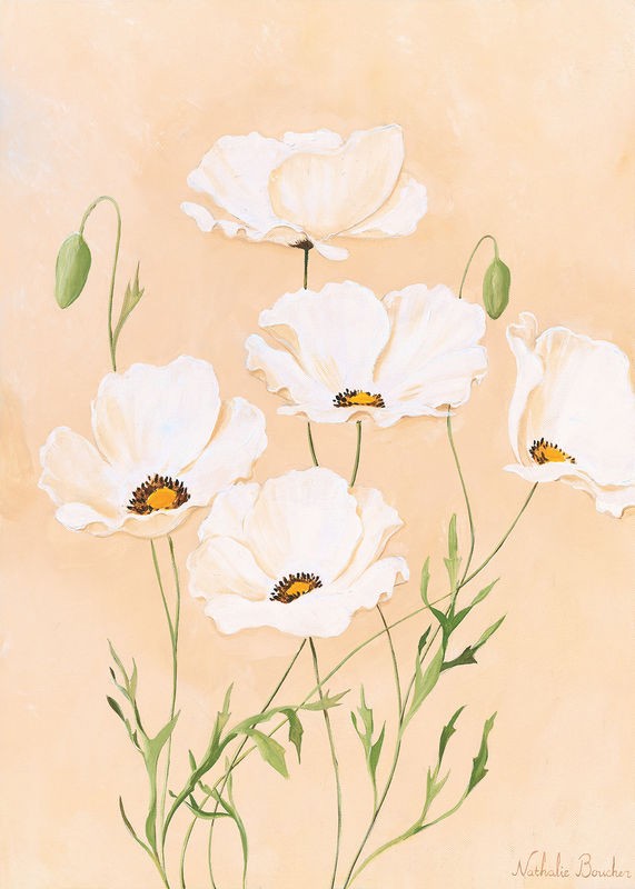 Nathalie Boucher, White poppy II (Blumen, Blüte, Blütenblätter, weißer Mohn, Botanik, Pflanze, zart, Malerei, Treppenhaus, Schlafzimmer, Wohnzimmer, Wunschgröße, pastellfarben)