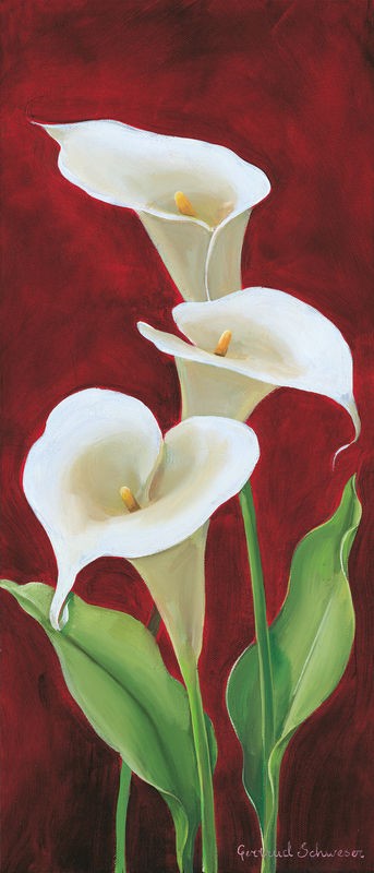 Gertrud Schweser, Calla on burgundy III (Calla, Blume, Blütenkelch, Blütenblätter, Botanik, Wunschgröße, Malerei, Treppenhaus, Wohnzimmer, Esszimmer, bunt)