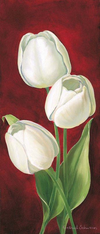 Gertrud Schweser, Tulips on burdundy I (Tulpen, Blume, Blüten, Blütenblätter, Botanik, Wunschgröße, Malerei, Treppenhaus, Wohnzimmer, Esszimmer, weiß/burgundrot)