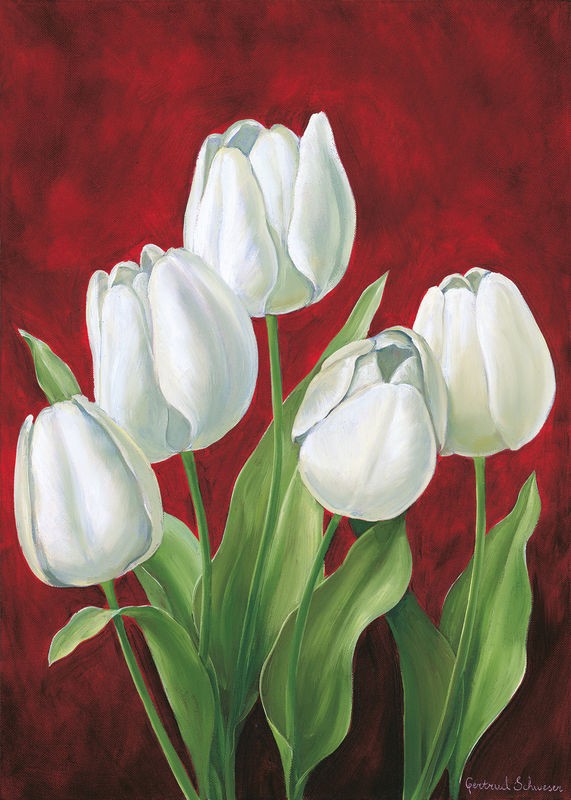Gertrud Schweser, Tulips on burdundy II (Tulpen, Blume, Blüten, Blütenblätter, Botanik, Wunschgröße, Malerei, Treppenhaus, Wohnzimmer, Esszimmer, weiß/burgundrot)