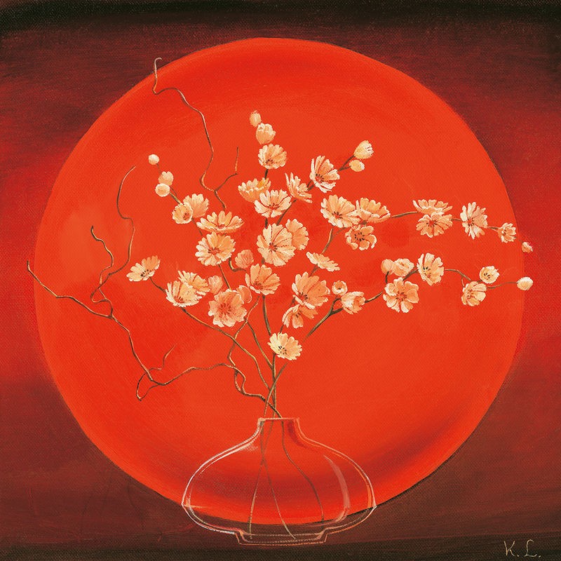 Karin Leijs, Vase in circle I (Stillleben, Vase, Glasvase, Blütenzweig, roter Kreis, geometrische Form, abstrakter Hintergrund, Treppenhaus, Wohnzimmer, Esszimmer, Wunschgröße, rot)