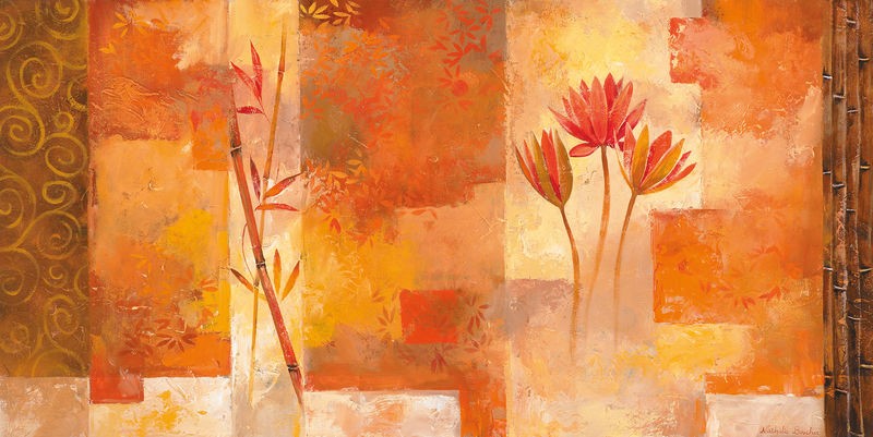 Nathalie Boucher, Lush floral I (Zweige, Blumen, Blüten, abstrakt, modern, Farbfelder, Malerei, Treppenhaus, Esszimmer, Wohnzimmer, Wunschgröße,Erdtöne, bunt)