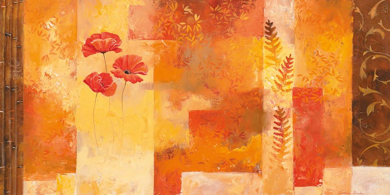 Nathalie Boucher, Lush floral II (Zweige, Blumen, Blüten, abstrakt, modern, Farbfelder, Malerei, Treppenhaus, Esszimmer, Wohnzimmer, Wunschgröße, Erdtöne, bunt)