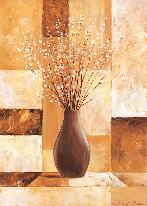 Nathalie Boucher, Twigs with white I (Stillleben, Blütenzweig, braune Blumenvase, Vase,geometrische Muster, Rechtecke, modern, Malerei, Treppenhaus, Esszimmer, Wohnzimmer, Wunschgröße, braun/beige)