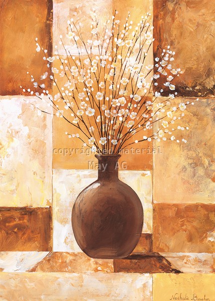 Nathalie Boucher, Twigs with white II (Stillleben, Blütenzweig, braune Blumenvase, Vase,geometrische Muster, Rechtecke, modern, Malerei, Treppenhaus, Esszimmer, Wohnzimmer, Wunschgröße, braun/beige)