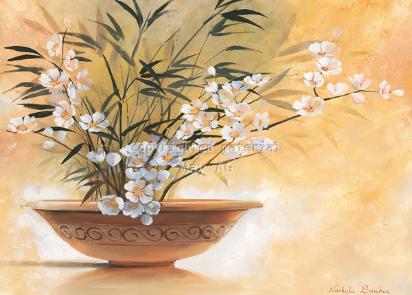 Nathalie Boucher, Summer bowl II (Stillleben, Blütenzweig, braune Blumenschale, Schale, modern, Malerei, Treppenhaus, Esszimmer, Wohnzimmer, Wunschgröße, bunt)
