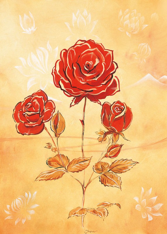Jasper, Three reds II (Blumen, rote Rosen, Blüten,  Wohnzimmer, Treppenhaus, Schlafzimmer, Wunschgröße, Malerei, rot, orange)