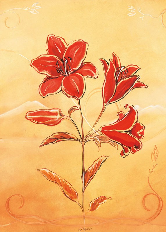 Jasper, Three reds II (Blumen, rote Lilien, Blüten,  Wohnzimmer, Treppenhaus, Schlafzimmer, Wunschgröße, Malerei, rot, orange)