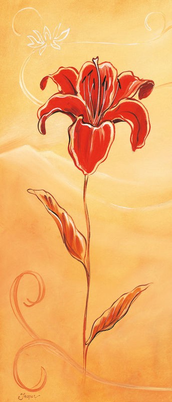 Jasper, Single red IV (Blume, rote Lilie, Blüte,  Wohnzimmer, Treppenhaus, Schlafzimmer, Wunschgröße, Malerei, rot, orange)