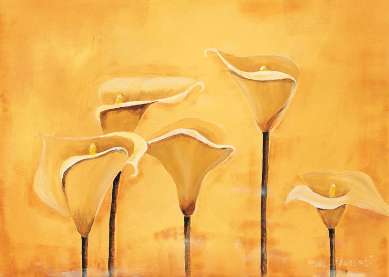 Florenti, Calla on yellow (Blumen, Blüten, Calla, Blütenkelche, modern, zeitgenössisch, Malerei, Wunschgröße, Treppenhaus, Esszimmer, gelb)