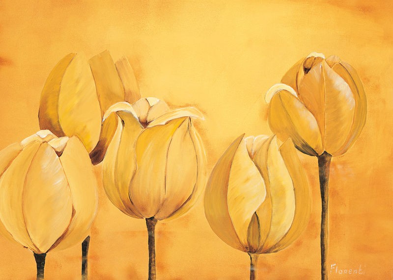 Florenti, Tulips on yellow (Blumen, Blüten, Tulpen, Blütenkelche, modern, zeitgenössisch, Malerei, Wunschgröße, Treppenhaus, Esszimmer, gelb)