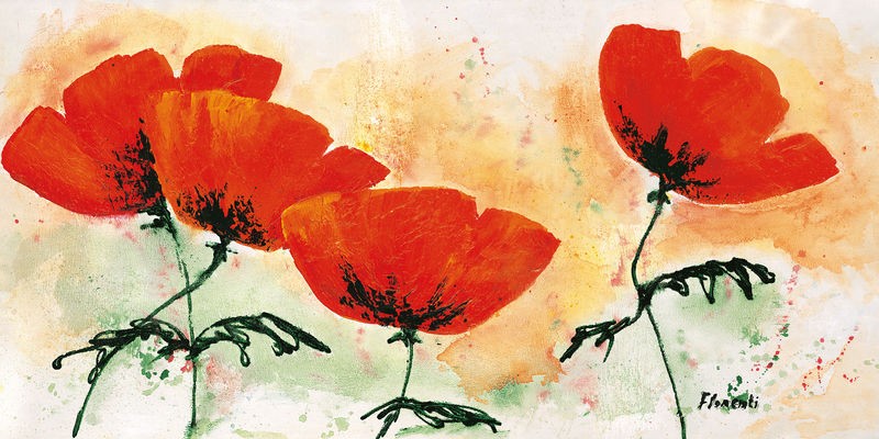 Florenti, Poppies on ricepaper I (Blumen, Blüten, Mohnblumen,  modern, zeitgenössisch, Malerei, Wunschgröße, Treppenhaus, Esszimmer, bunt)