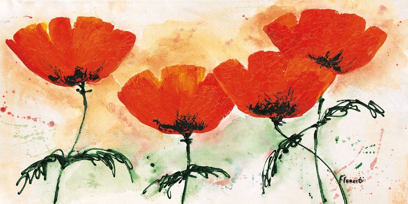 Florenti, Poppies on ricepaper II (Blumen, Blüten, Mohnblumen,  modern, zeitgenössisch, Malerei, Wunschgröße, Treppenhaus, Esszimmer, bunt)