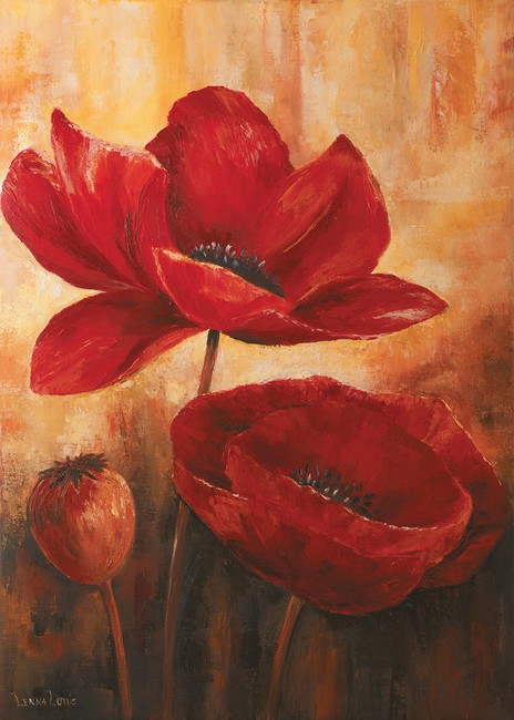 Lenna Lotus, Poppies III (Mohnblumen, Blumen, Blüten, Pflanzen, Mohnkapsel, Sommer, Treppenhaus, Wohnzimmer, Esszimmer, Wunschgröße, Malerei, bunt)