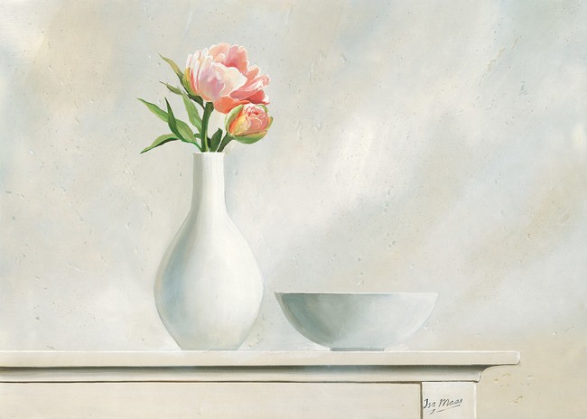 Isa Maas, Pink Dream I (Stillleben, Blumenvase, Mohnblumen, Büten, Schale,  Treppenhaus, Wohnzimmer, Esszimmer, Wunschgröße, Malerei, weiß/rosa)