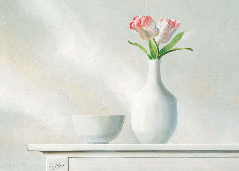 Isa Maas, Pink Dream II (Stillleben, Blumenvase, Tulpen, Büten, Schale,  Treppenhaus, Wohnzimmer, Esszimmer, Wunschgröße, Malerei, weiß/rosa)
