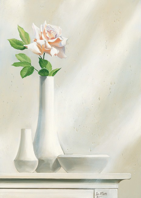 Isa Maas, Pink Dream IV (Stillleben, Blumenvase, Rose, Büten, Schale,  Treppenhaus, Wohnzimmer, Esszimmer, Wunschgröße, Malerei, weiß/rosa)