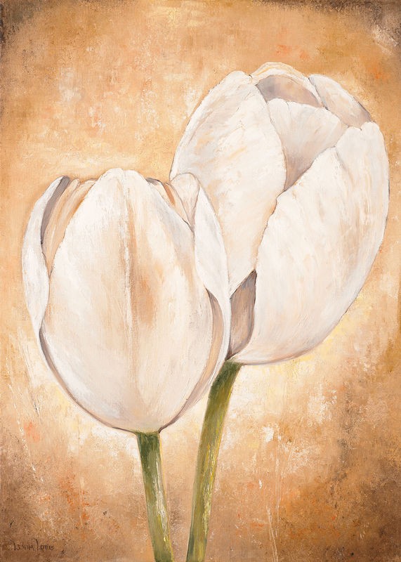 Lenna Lotus, Tulip on beige II (Tulpen, Blumen, Blüten, Pflanzen, Treppenhaus, Wohnzimmer, Esszimmer, Wunschgröße, Malerei, weiß)