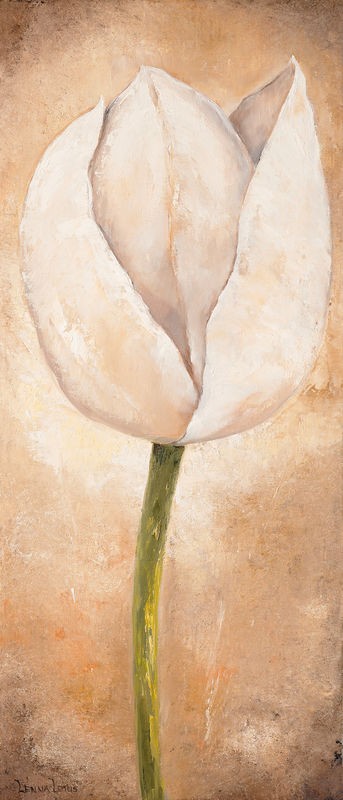 Lenna Lotus, Tulip on beige III (Tulpe, Blume, Blüte, Pflanze, Treppenhaus, Wohnzimmer, Esszimmer, Wunschgröße, Malerei, weiß)