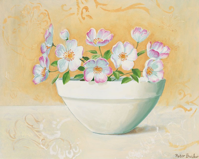 Peter Butler, Bowl with beauties I (Stillleben, Blumenschale, Blüten, Treppenhaus, Wohnzimmer, Esszimmer, Wunschgröße, bunt)