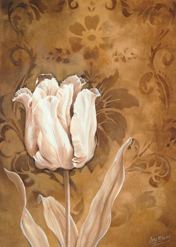 Isa Maas, Tulip beauty I (Tulpe, Blume, Blüte, florale Muster, Brokat, Treppenhaus, Wohnzimmer, Esszimmer, Schlafzimmer, Wunschgröße, Malerei, beige/gold)