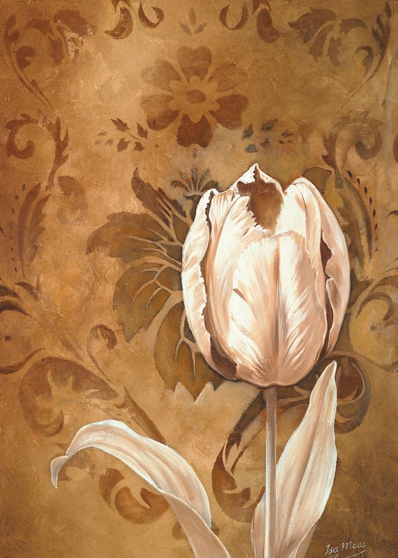 Isa Maas, Tullip beauty II (Tulpe, Blume, Blüte, florale Muster, Brokat, Treppenhaus, Wohnzimmer, Esszimmer, Schlafzimmer, Wunschgröße, Malerei, beige/gold)