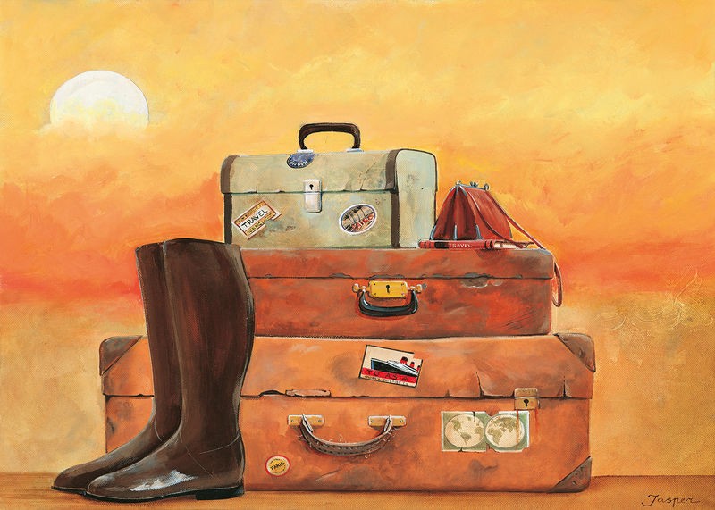 Jasper, Travel I (Koffer, Stiefel, Sonnenuntergang, Fernweh, Reisen,  Wohnzimmer, Treppenhaus, Wunschgröße, Malerei, bunt)