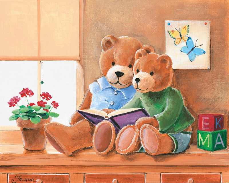 Jasper, Mrs. And Mr. Bear II (Teddy, Bären, Kuscheltiere, Buch, lesen, Spielzeug, Nostalgie, Vintage, niedlich, putzig, Kinderzimmer, Wohnzimmer, Treppenhaus,  Wunschgröße, Malerei, bunt)