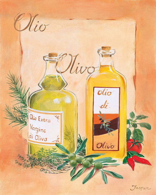 Jasper, Olio Olivo (Öl, Essig, Flaschen, Kräuter, Knoblauch, Gewürze, Italien, Küche, Esszimmer, Gastronomie, Treppenhaus, Wunschgröße, Malerei, bunt)