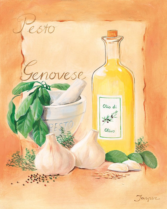 Jasper, Pesto Genovese (Mörser, Pesto, Flasche, Öl, Kräuter, Knoblauch, Gewürze, Italien, Küche, Esszimmer, Gastronomie, Treppenhaus, Wunschgröße, Malerei, bunt)