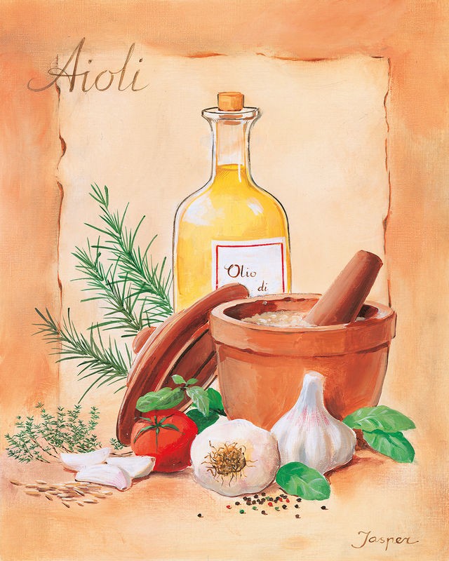 Jasper, Aioli (Mörser, Rosmarin, Flasche, Öl, Kräuter, Knoblauch, Gewürze, Italien, Küche, Esszimmer, Gastronomie, Treppenhaus, Wunschgröße, Malerei, bunt)