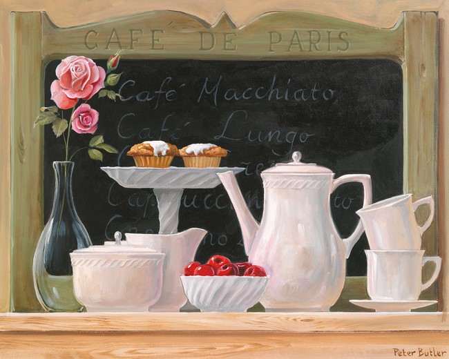 Peter Butler, Cafe de Paris (Stillleben, Kaffeekanne, Gedecke, Etagere, Kuchen, Tafel, Nostalgie, Wohnzimmer, Esszimmer, Gastronomie, Café,  Wunschgröße, bunt)