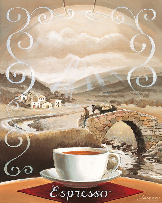 Jasper, Espresso (Kaffee, Café, Urlaub, Genuss, Panorama, Fluss, Brücke, Berge, Nostalgie, Italien, Küche, Esszimmer, Gastronomie, Treppenhaus, Wunschgröße, Malerei, bunt)