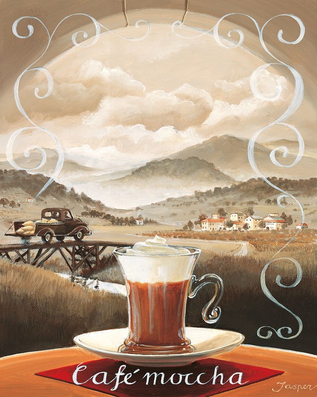 Jasper, Cafe Moccha (Kaffee, Café, Urlaub, Genuss, Panorama, Fluss, Brücke, Berge, Nostalgie, Italien, Küche, Esszimmer, Gastronomie, Treppenhaus, Wunschgröße, Malerei, bunt)