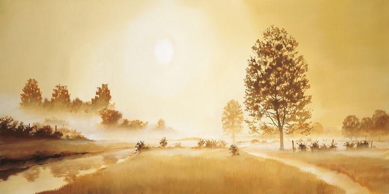 Frans Nauts, Misty landscape I (Landschaft, Dunst, Nebel, Bach, Sonnenaufgang, Treppenhaus, Wohnzimmer, Wunschgröße, Malerei, gold/braun)