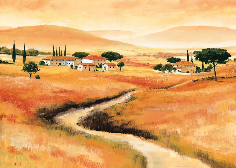 Renee, Tuscany II (Landschaftsmalerei, Landschaft, Toskana, Italien, Hügel, Idylle, mediterran, Zypressen, Dorf, Wunschgröße, Wohnzimmer, Arztpraxis)