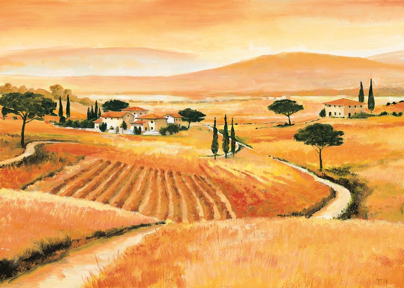 Renee, Tuscany IV (Landschaftsmalerei, Landschaft, Toskana, Italien, Hügel,  Pinien, Idylle, mediterran, Zypressen, Dorf, Wunschgröße, Wohnzimmer, Arztpraxis)