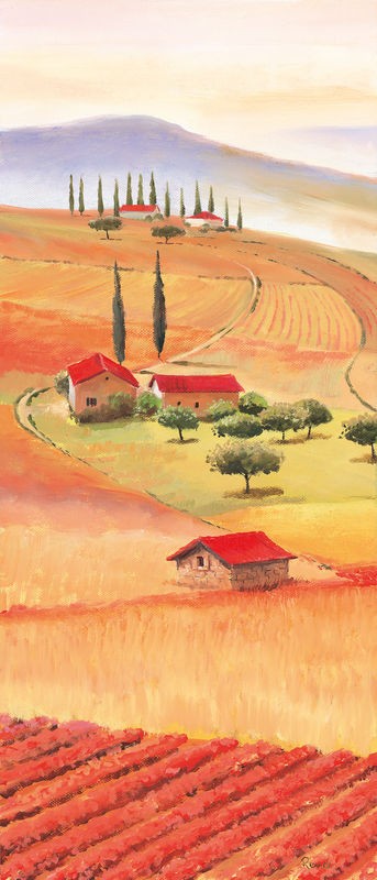 Renee, Tuscan Village I (Landschaftsmalerei, Landschaft, Toskana, Italien, Hügel,  Pinien, Idylle, mediterran, Zypressen, Dorf, Wunschgröße, Wohnzimmer, Arztpraxis)